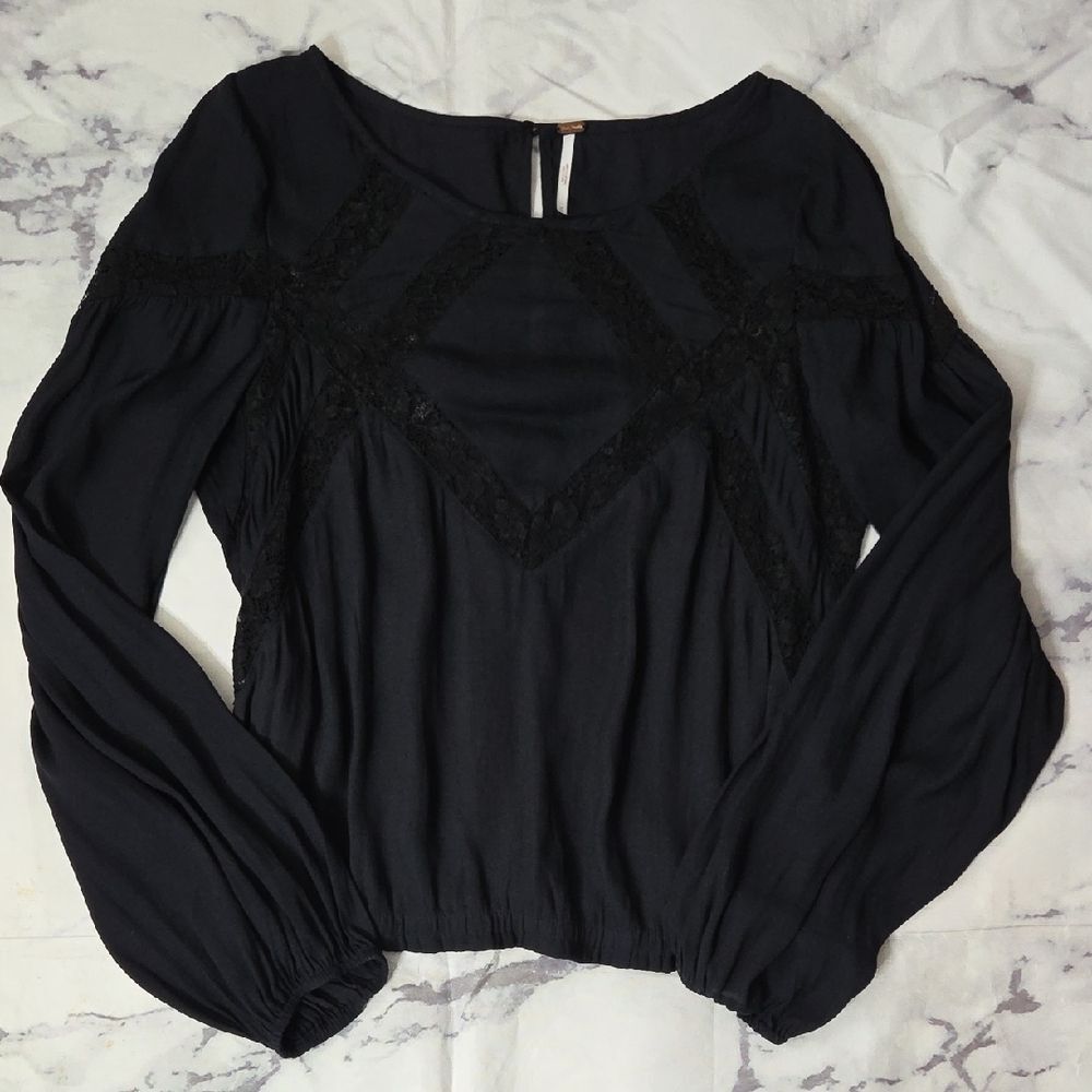 Free People Black Blouse with Lace Detail